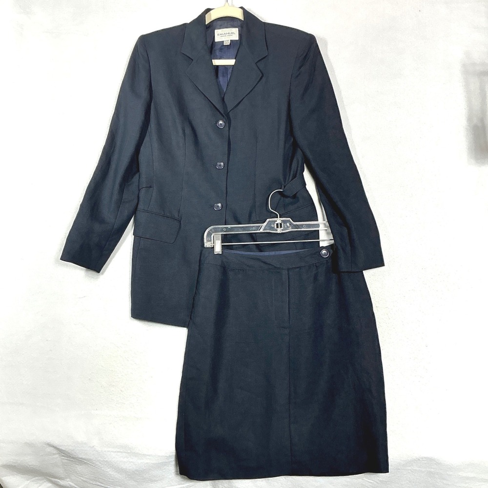Emanuel Ungaro Size 4 Skirt Suit Set Navy Blue Linen Blend Blazer MSRP $450